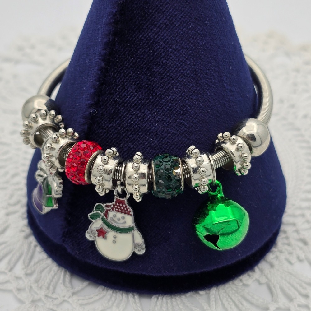 Vintage Christmas Charm Bracelet Silver Red Green Snowman Jingle Bell Stretch
